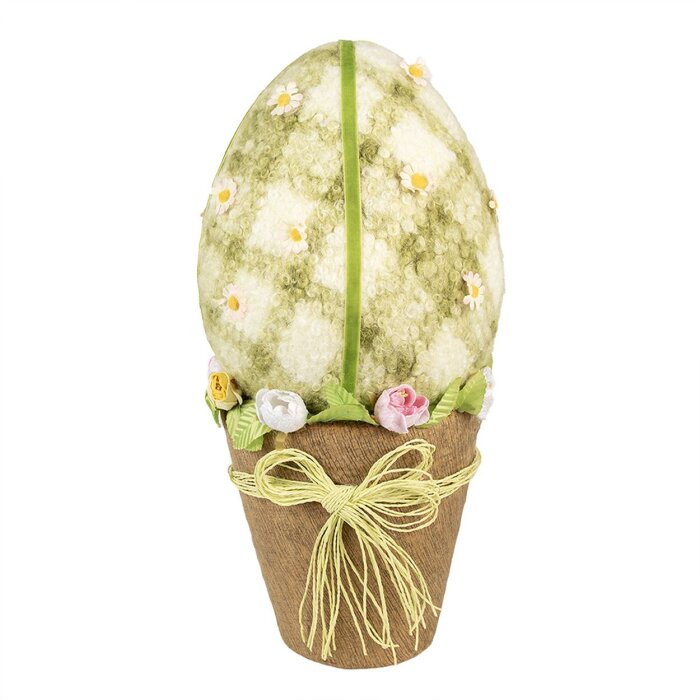 Uovo decorativo Clayre & Eef stile country a scacchi verdi Ø20x43cm con vaso da fiori