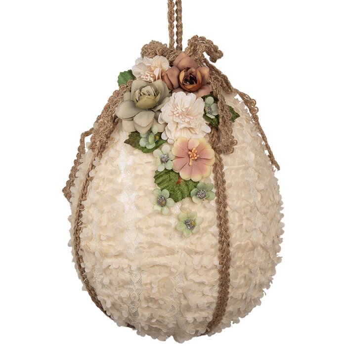 Clayre & Eef Decorazione da appendere Uovo Beige Ø 20x29 cm con fiori e nastro di iuta