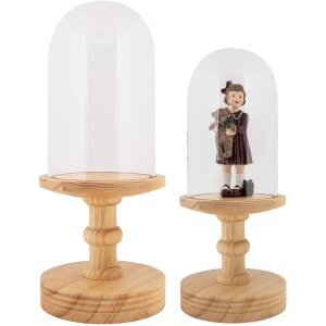 Vaso a campana in vetro Clayre & Eef base in legno Ø14x34cm trasparente marrone stile country