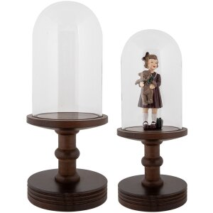Vaso a campana in vetro Clayre & Eef base in legno Ø14x34cm trasparente marrone stile country