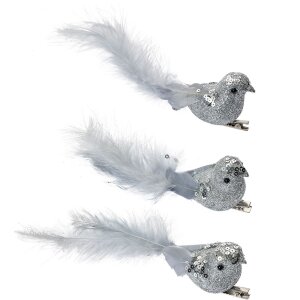 Clayre & Eef 66137 Set 3 uccelli decorativi in argento con piume 12x3x4 cm Clip