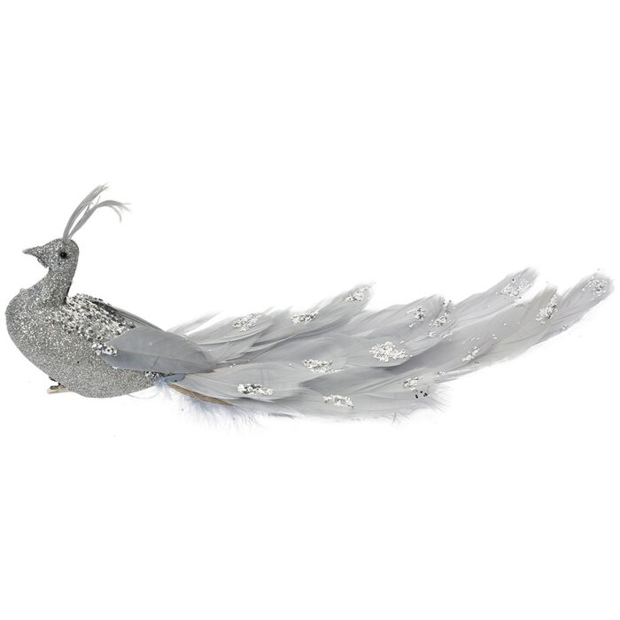 Uccello decorativo Clayre & Eef glitter argento 30x9x9 cm con piume e clip