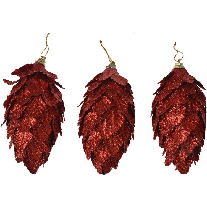 Clayre & Eef Set di pigne di abete 3pcs rosso Ø7x13cm Decorazione natalizia in plastica