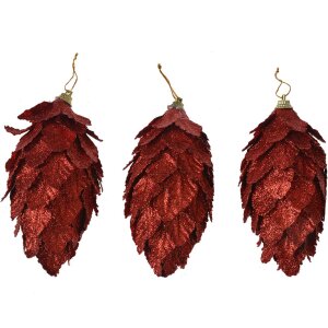 Clayre & Eef Set di pigne di abete 3pcs rosso Ø7x13cm Decorazione natalizia in plastica