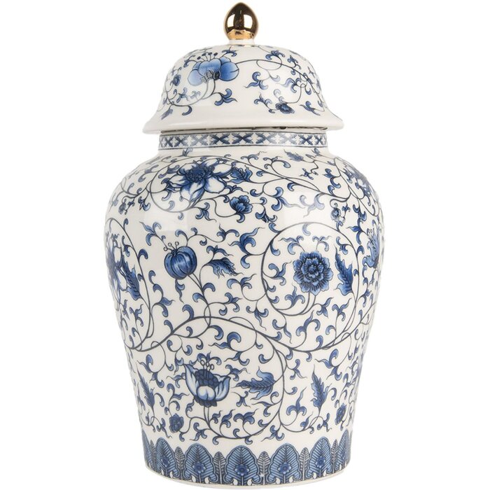 Clayre & Eef 6CE2136 Vaso decorativo con coperchio Bianco-Blu Ø 12x21 cm