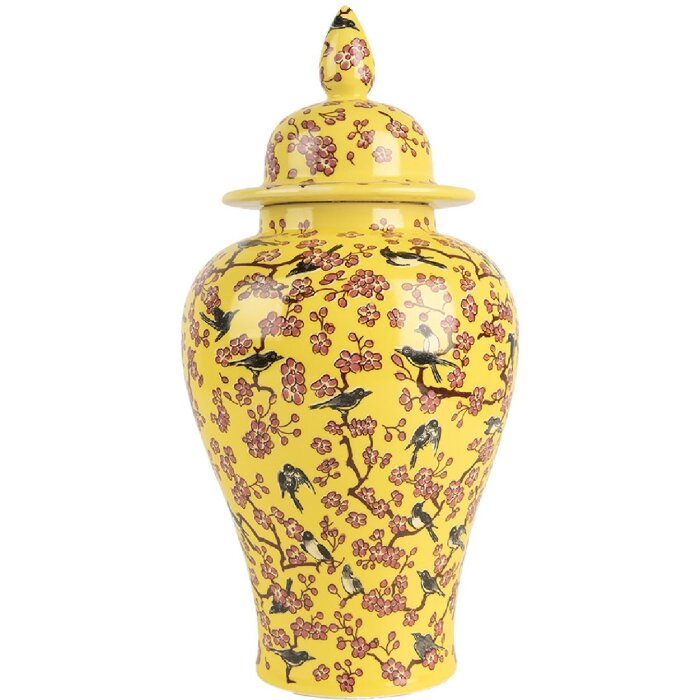 Clayre & Eef 6CE2140 Vaso decorativo con coperchio Fiori di ciliegio giallo Ø11x22 cm