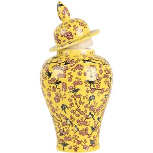 Clayre & Eef 6CE2140 Vaso decorativo con coperchio Fiori di ciliegio giallo Ø11x22 cm
