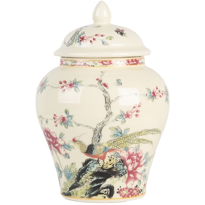 Clayre & Eef 6CE2141 Vaso decorativo con coperchio in ceramica beige rosa Ø 12x18 cm