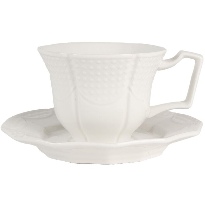 Tazza da caffè con piattino di servizio Clayre & Eef in ceramica, colore bianco, capacità di 175 ml, dimensioni: 12 x 9 x 6 cm.