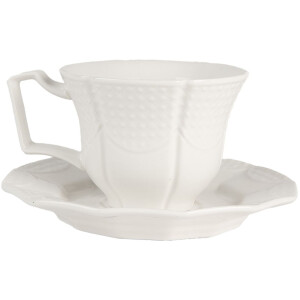 Tazza da caffè con piattino di servizio Clayre & Eef in ceramica, colore bianco, capacità di 175 ml, dimensioni: 12 x 9 x 6 cm.