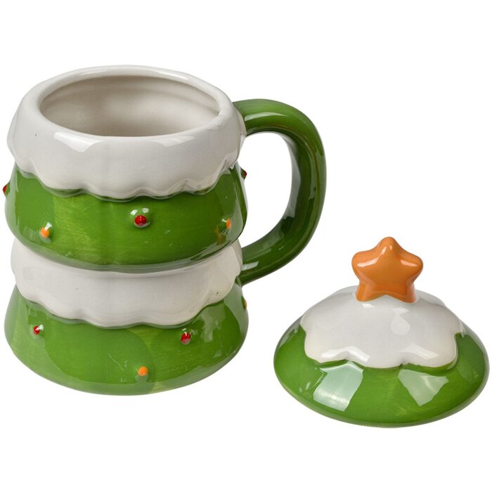 Tazza in ceramica per Natale abete verde da 350 ml con coperchio e decorazione a stella