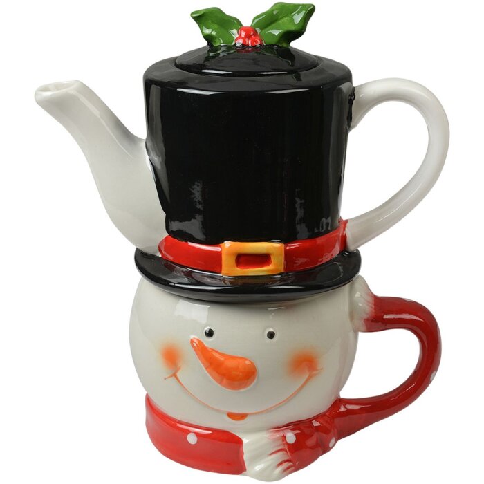 Clayre & Eef Tea for One Teiera a forma di pupazzo di neve in ceramica bianca rossa