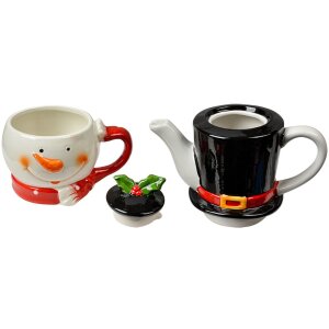 Clayre & Eef Tea for One Teiera a forma di pupazzo di neve in ceramica bianca rossa