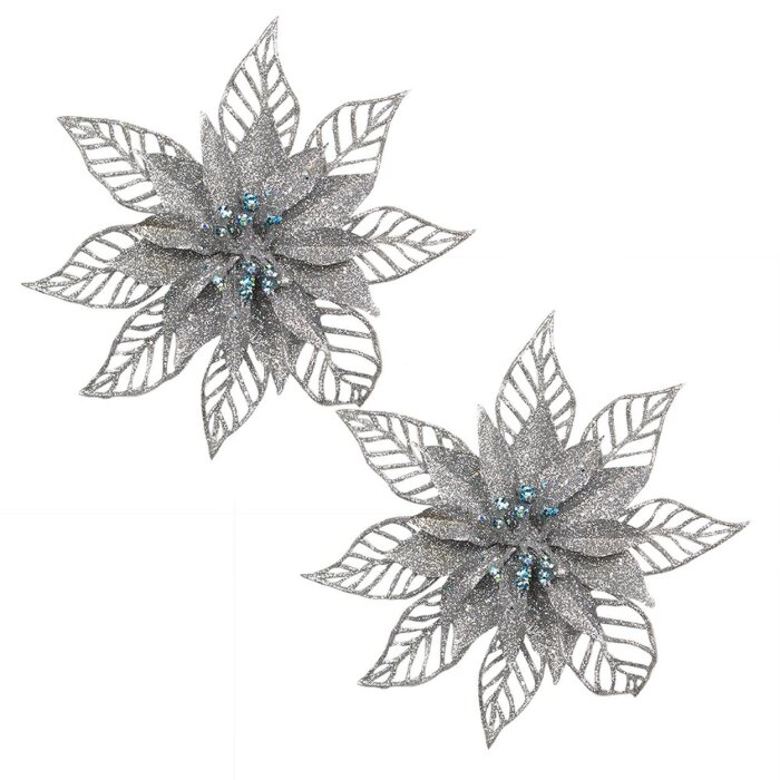 Clayre & Eef Decorazione Natalizia Fiore Set da 2 Argento Ø 15 cm Plastica