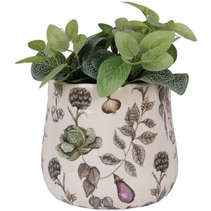 Vaso per fiori in ceramica Clayre & Eef Ø 21x19 cm beige con verdure Stile Casa di Campagna