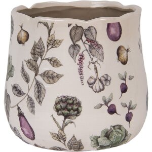 Vaso per fiori in ceramica Clayre & Eef Ø 21x19 cm beige con verdure Stile Casa di Campagna