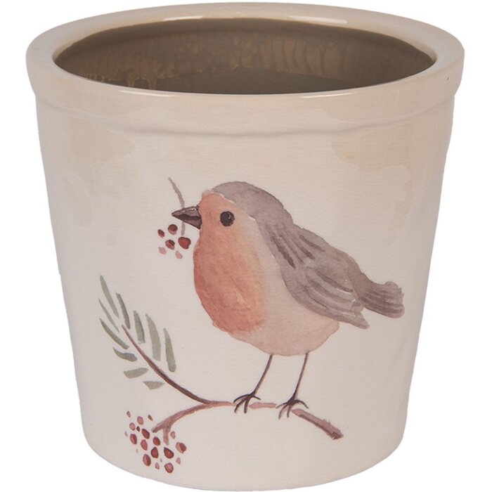 Clayre & Eef Vaso con motivo uccello Beige-Marrone Ø17x16cm Stile rustico