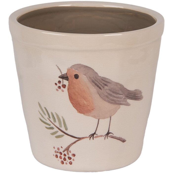Clayre & Eef Vaso fiori Ø15x14cm Beige motivo uccelli stile rustico ceramica
