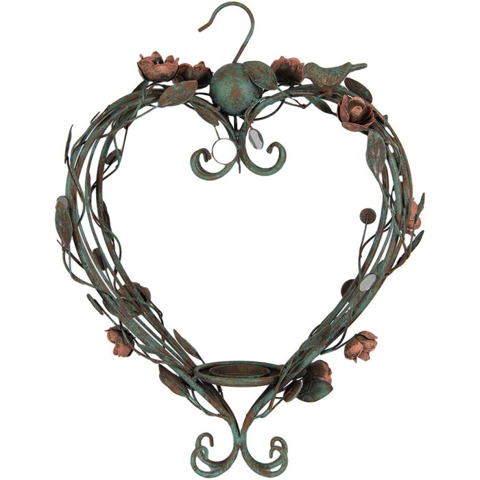 Clayre & Eef 5Y1341 Portacandele a Sospensione a Forma di Cuore in Metallo Verde e Rosa 43x22x60 cm