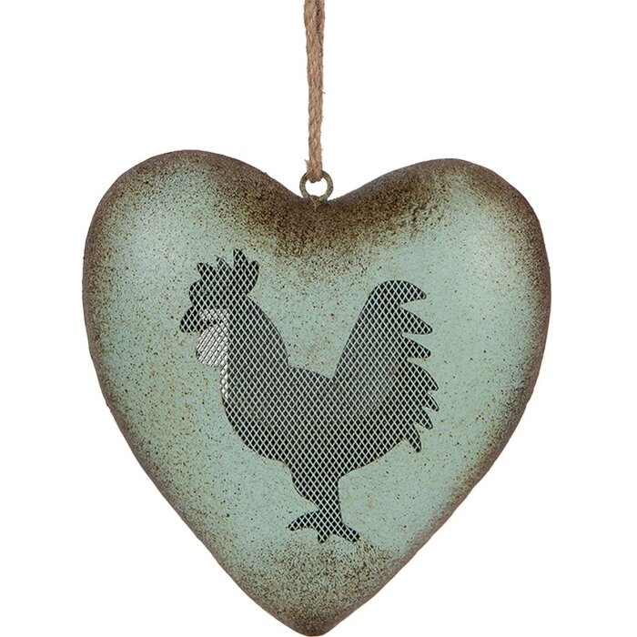Clayre & Eef Decorazione a cuore con gallo verde e marrone 23x7x23 cm stile rustico
