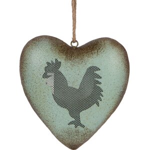 Clayre & Eef Decorazione a cuore con gallo verde e marrone 23x7x23 cm stile rustico