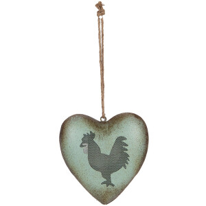Clayre & Eef Decorazione a cuore con gallo verde e marrone 23x7x23 cm stile rustico