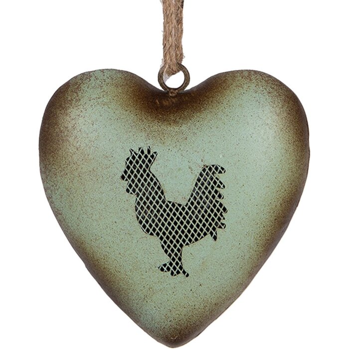 Clayre & Eef Decorazione a sospensione cuore gallo Vintage-Verde 14x5x14 cm metallo