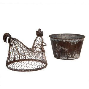 Clayre & Eef Gallina decorativa in metallo rustico marrone grigio 39x39x25 cm