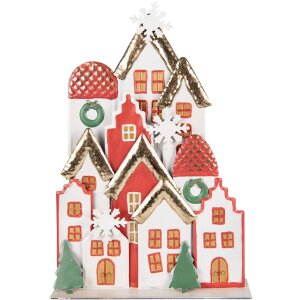 Clayre & Eef Decorazione natalizia case in metallo bianco rosso oro 30x8x46 cm