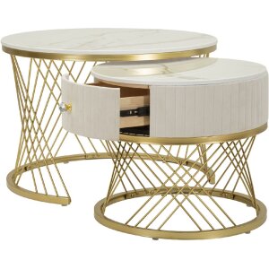 Mauro Ferretti Tavolini Votix set 2 pezzi crema oro 70x48 50x43,5 cm