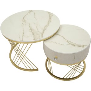 Mauro Ferretti Tavolini Votix set 2 pezzi crema oro 70x48 50x43,5 cm