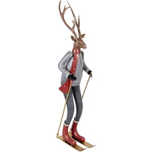 Clayre & Eef Statuetta Decorativa Cervo con Sci Grigia Marrone Rossa 65 cm