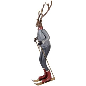 Clayre & Eef Statuetta Decorativa Cervo con Sci Grigia Marrone Rossa 65 cm