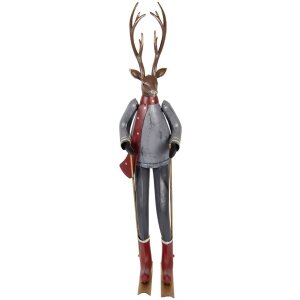 Clayre & Eef Statuetta Decorativa Cervo con Sci Grigia Marrone Rossa 65 cm
