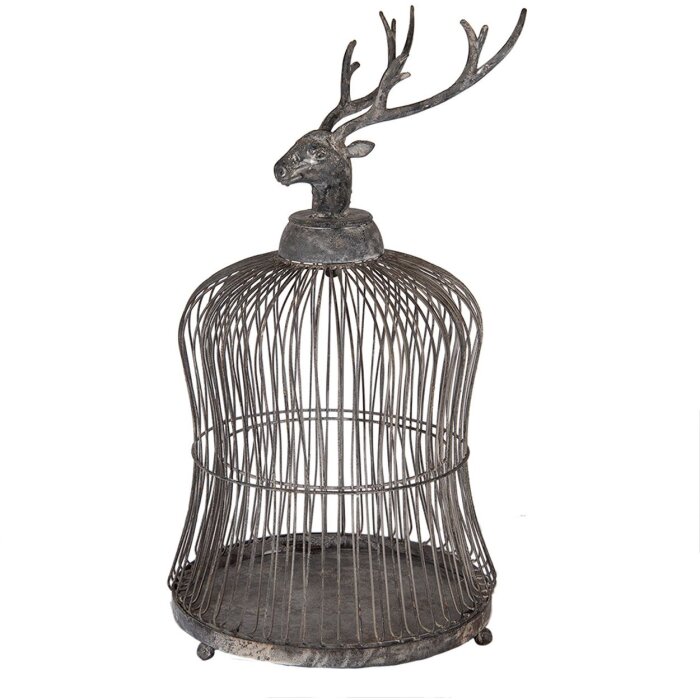 Gabbia decorativa con testa di cervo Clayre & Eef Grigio Antico Ø26x50cm Stile Vintage