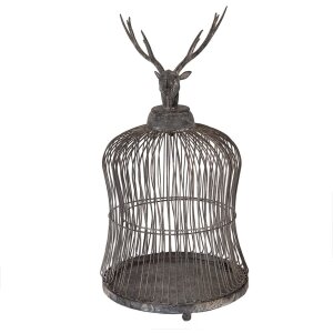 Gabbia decorativa con testa di cervo Clayre & Eef Grigio Antico Ø26x50cm Stile Vintage