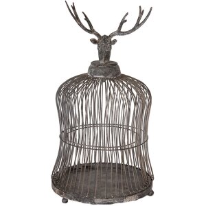 Gabbia decorativa con testa di cervo Clayre & Eef Grigio Antico Ø26x50cm Stile Vintage