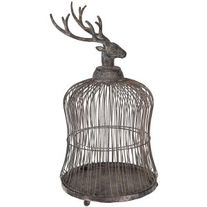 Gabbia decorativa con testa di cervo Clayre & Eef Grigio Antico Ø26x50cm Stile Vintage