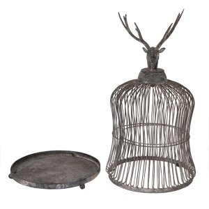 Gabbia decorativa con testa di cervo Clayre & Eef Grigio Antico Ø26x50cm Stile Vintage