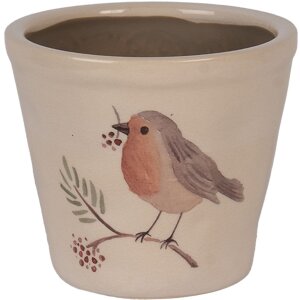 Vaso per fiori Clayre & Eef motivo pettirosso in ceramica Beige Ø21x20cm stile rustico