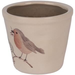Vaso per fiori Clayre & Eef motivo pettirosso in ceramica Beige Ø21x20cm stile rustico