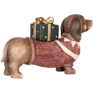 Clayre & Eef 6MG0147 Statuetta cane marrone rosso 47x14x28cm stile rustico natalizio