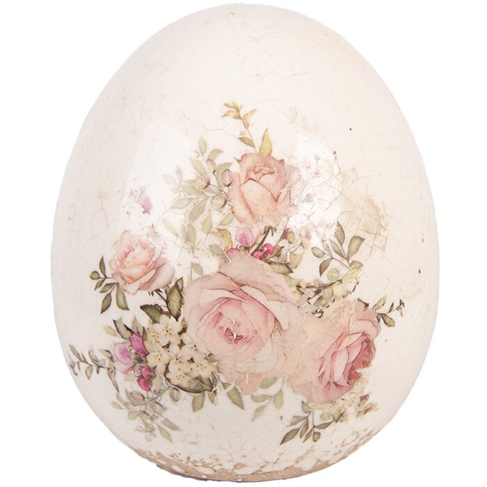 Uovo decorativo Clayre & Eef con motivo a rose Ø 14x16 cm in ceramica Beige Rosa Vintage