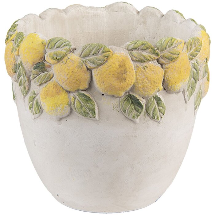 Vaso per fiori Clayre & Eef 6TE0571 Motivo Limone Ø 14x12 cm – Vaso in pietra Bianco Giallo