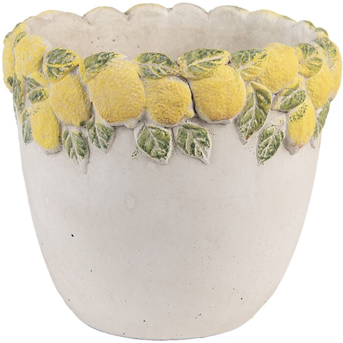 Vaso per fiori Clayre & Eef con rilievo limoni Ø 16x15 cm in pietra giallo verde