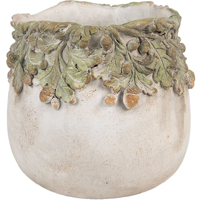 Vaso per fiori Clayre & Eef decoro foglie di quercia Beige Verde Ø19x17 cm in pietra