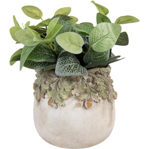 Vaso per fiori Clayre & Eef decoro foglie di quercia Beige Verde Ø19x17 cm in pietra