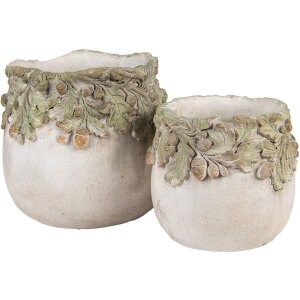 Vaso per fiori Clayre & Eef decoro foglie di quercia Beige Verde Ø19x17 cm in pietra