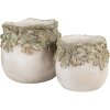 Vaso per fiori Clayre & Eef decoro foglie di quercia Beige Verde Ø19x17 cm in pietra