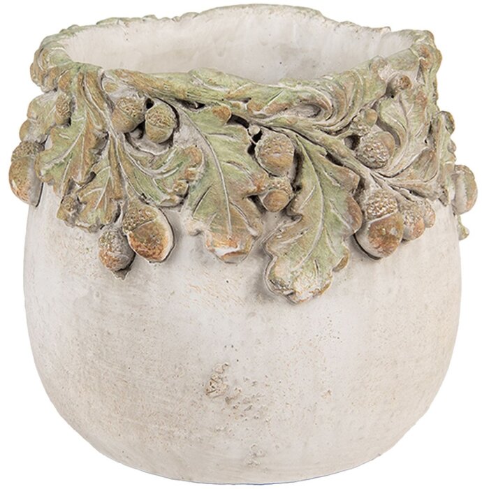 Vaso per fiori Clayre & Eef rilievo foglie di quercia Ø 15x13 cm Beige Verde in pietra